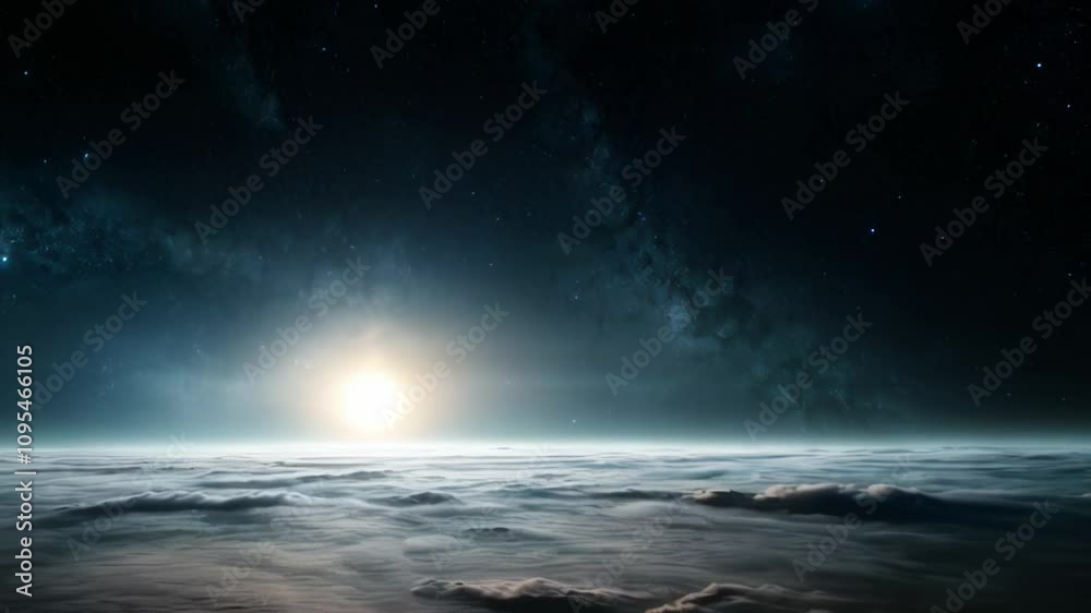 Captivating view of the sun rising over the clouds from a high vantage point at dawn in a serene sky Captivating view of the sun rising over the clouds from a high vantage point at dawn in a serene sky