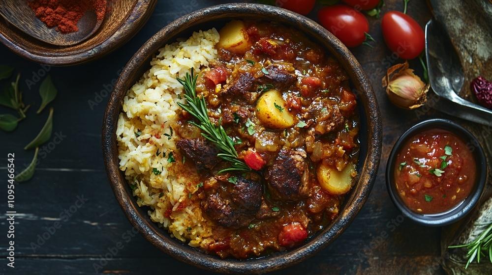 Hearty Beef Stew Served With Fluffy Rice and Fresh Herbs on a Rustic Wooden Table