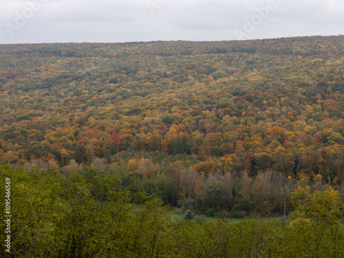 A panoramic view showcases rolling hills covered in a rich tapestry of autumn colors, with trees transitioning from green to amber and gold. The weather is cloudy, creating a peaceful atmosphere.