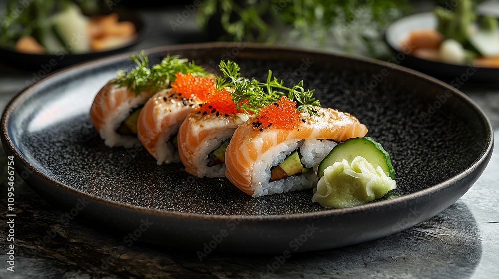 Freshly Prepared Sushi Rolls With Salmon, Avocado, and Wasabi Served on a Black Plate Freshly Prepared Sushi Rolls With Salmon, Avocado, and Wasabi Served on a Black Plate