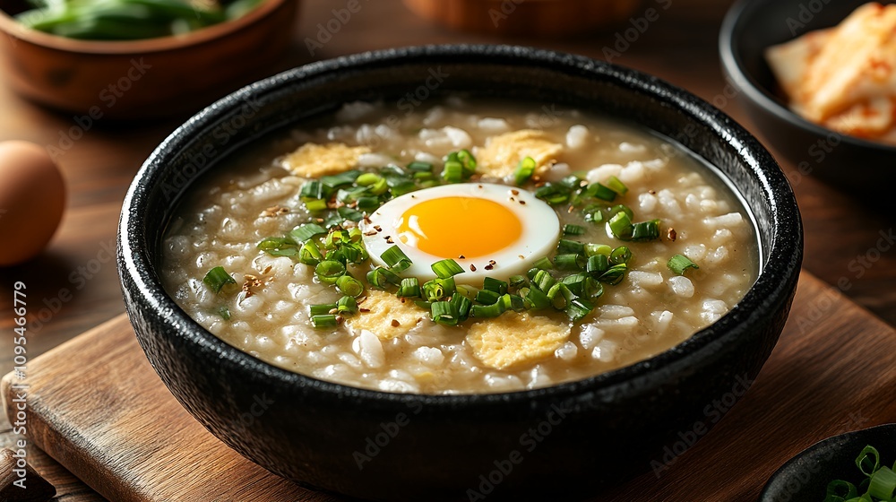 Delicious Bowl of Egg and Rice Porridge Served With Green Onions and Crispy Toppings at a Cozy Dining Table Delicious Bowl of Egg and Rice Porridge Served With Green Onions and Crispy Toppings at a Cozy Dining Table