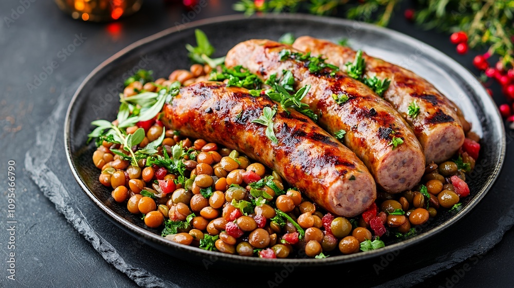 Savory Grilled Sausages Served Over a Bed of Lentils With Fresh Herbs on a Dark Plate During a Cozy Dinner Setting Savory Grilled Sausages Served Over a Bed of Lentils With Fresh Herbs on a Dark Plate During a Cozy Dinner Setting