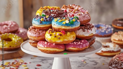 Colorful Assortment of Donuts Stacked on a White Pedestal in a Bakery Display During a Sunny Afternoon