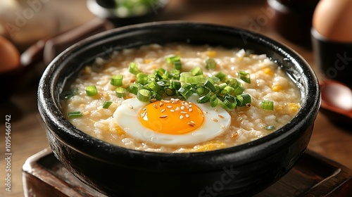 Warm Rice Porridge With Egg and Green Onions Served in a Traditional Black Bowl, Perfect for a Cozy Meal at Home