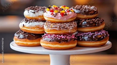 Colorful Donuts Stacked on a White Cake Stand in a Cozy Cafe Setting, Tempting Customers With Their Sweet Designs and Rich Flavors