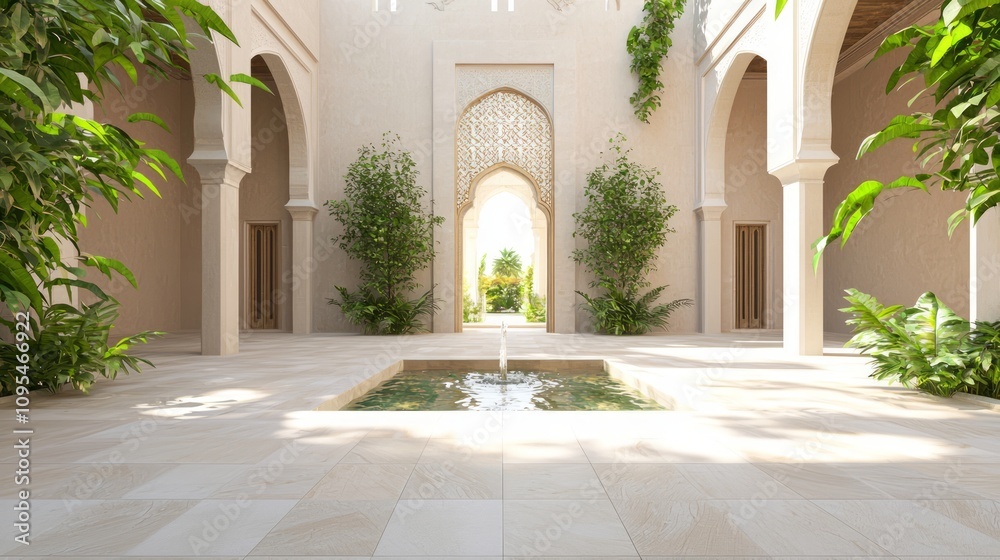 Tranquil Arabian Islamic Courtyard Oasis - Ultra-Detailed 3D Render with Water Fountain and Greenery Tranquil Arabian Islamic Courtyard Oasis - Ultra-Detailed 3D Render with Water Fountain and Greenery