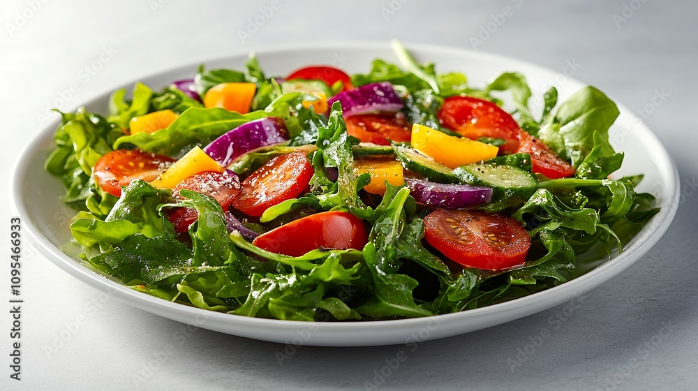 Fresh Salad With Tomatoes, Cucumbers, and Colorful Vegetables Served on a White Plate at a Bright Kitchen Fresh Salad With Tomatoes, Cucumbers, and Colorful Vegetables Served on a White Plate at a Bright Kitchen