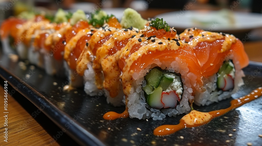 Sushi Rolls With Fresh Salmon and Spicy Sauce in a Cozy Restaurant Setting During Dinner Time