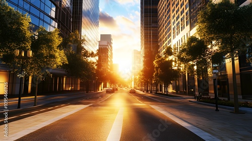 A vibrant city street at sunset, showcasing modern buildings and a tranquil atmosphere.