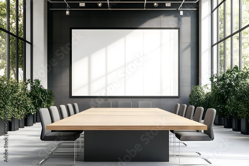 Front view on blank white screen with copyspace for your text or logo in modern boardroom with wooden table, grey chairs and walls and metal muntins on windows. 3D rendering, mockup photo