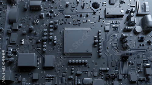 top view low poly 3d dark gray plastic PCB with a bit of Acrylic chips c4d OC rendering