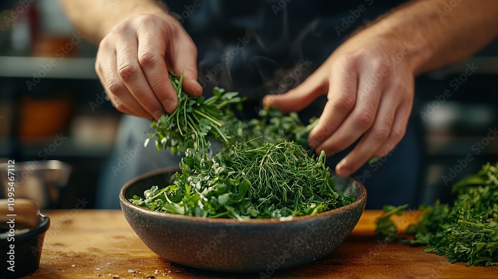 Chopping Fresh Herbs in a Rustic Kitchen Setting for Flavorful Cooking Chopping Fresh Herbs in a Rustic Kitchen Setting for Flavorful Cooking