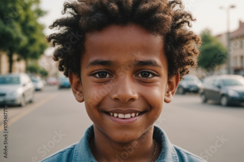 Close portrait of a smiling Eritrean male kid looking at the camera, Eritrean outdoors blurred background photo