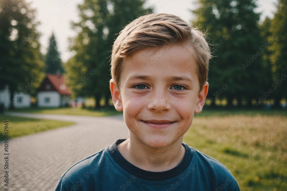 Close portrait of a smiling Estonian male kid looking at the camera, Estonian outdoors blurred background Close portrait of a smiling Estonian male kid looking at the camera, Estonian outdoors blurred background
