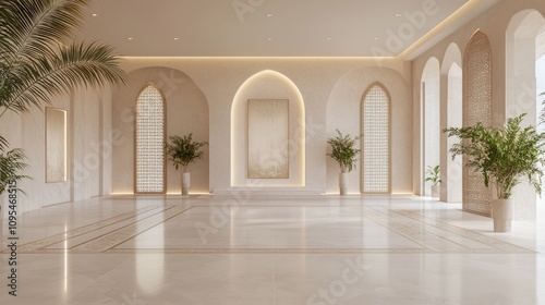Contemporary Islamic Art Gallery: Elegant 3D Render of Modern-Arabian Interior Design with Minimalist Decor and Ultra-Detailed Canvases photo