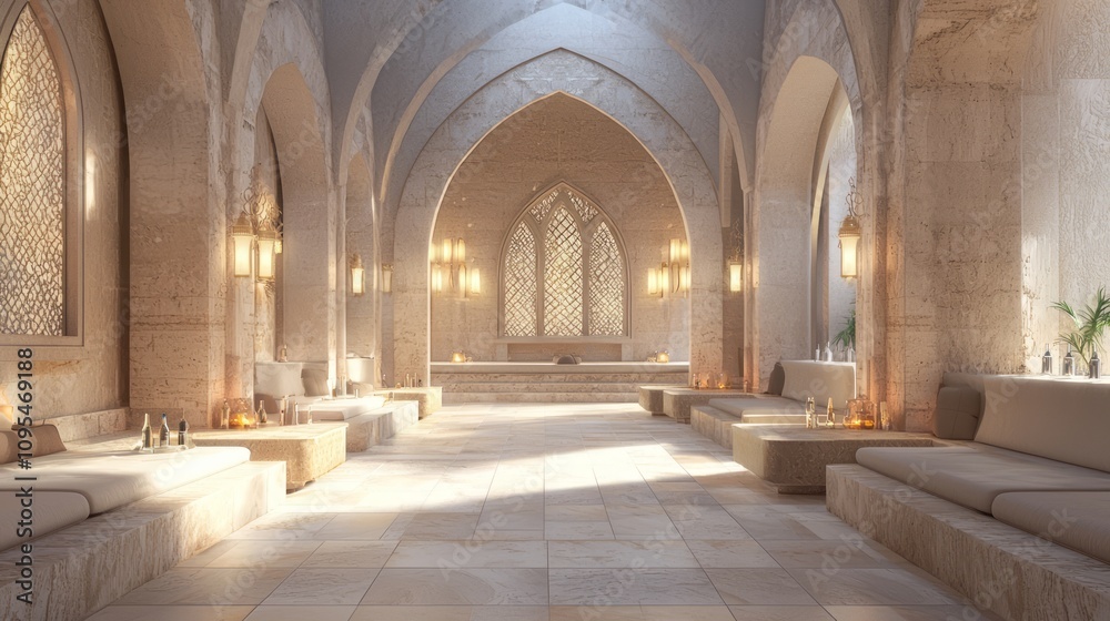 Fototapeta premium Luxurious Arabic-Inspired Bar Interior Design with Elegant Finishes and Soft Lighting | 3D Render of Modern Islamic Decor with Intricate Wall Designs