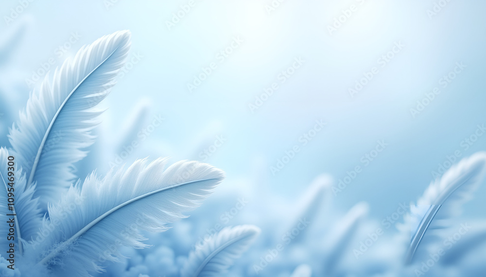 Naklejka premium Background with airy blue and white feathers styled for delicate weightlessness