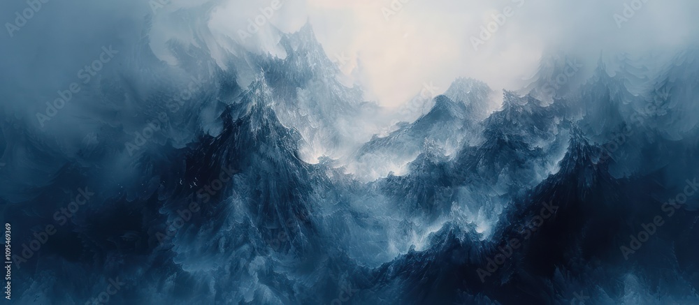 Fototapeta premium Dramatic, misty mountain range shrouded in blue fog.