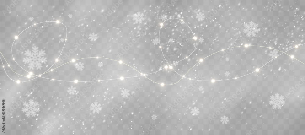 Golden Christmas Garlands in a Winter Wonderland: Bright Holiday Lights with Snowy Effects Golden Christmas Garlands in a Winter Wonderland: Bright Holiday Lights with Snowy Effects
