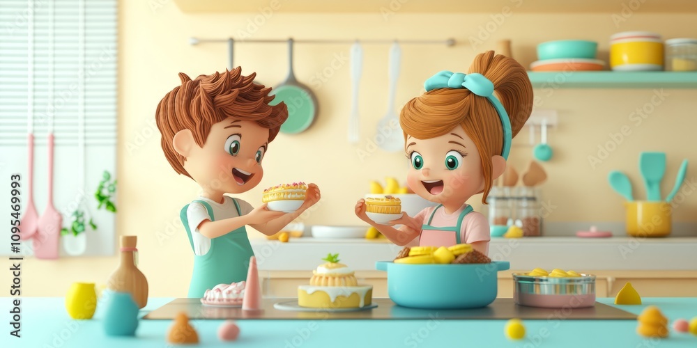 Kids baking sweets in kitchen with pastel cream background Kids baking sweets in kitchen with pastel cream background