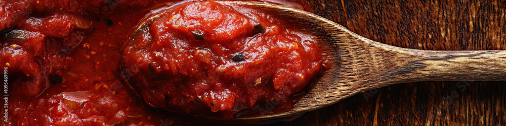 Close-up of perfectly-swirled marinara sauce on a rustic wooden spoon. Close-up of perfectly-swirled marinara sauce on a rustic wooden spoon.