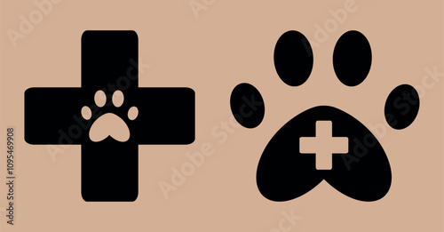 Veterinary Care Icon. Animal's paw on background of medical cross. First aid to pets. Animal care