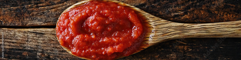 Close-up of perfectly-swirled marinara sauce on a rustic wooden spoon. Close-up of perfectly-swirled marinara sauce on a rustic wooden spoon.
