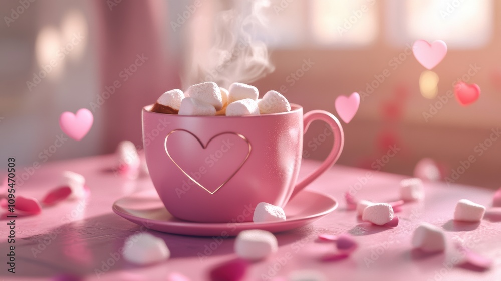 A cozy pink ceramic mug filled with hot cocoa, topped with heart-shaped marshmallows. Steam rises in a heart shape, set on a pastel pink table scattered with rose petals and soft bokeh lights. A cozy pink ceramic mug filled with hot cocoa, topped with heart-shaped marshmallows. Steam rises in a heart shape, set on a pastel pink table scattered with rose petals and soft bokeh lights.