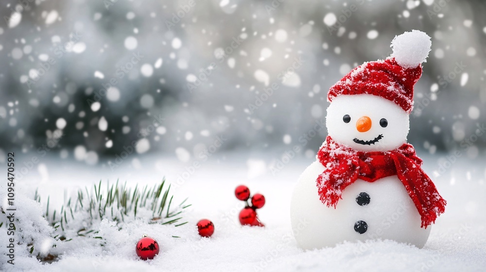 Snowman wearing red hat and scarf enjoying snowfall with christmas ornaments Snowman wearing red hat and scarf enjoying snowfall with christmas ornaments