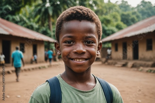 Close portrait of a smiling Guinea-Bissauan male kid looking at the camera, Guinea-Bissauan outdoors blurred background