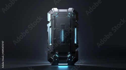 Fototapeta Naklejka Na Ścianę i Meble -  Futuristic metal door in a spaceship  a realistic scene with glowing lights in a dark environment