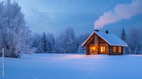 A cozy cabin in a snowy landscape, illuminated warmly against a twilight sky.