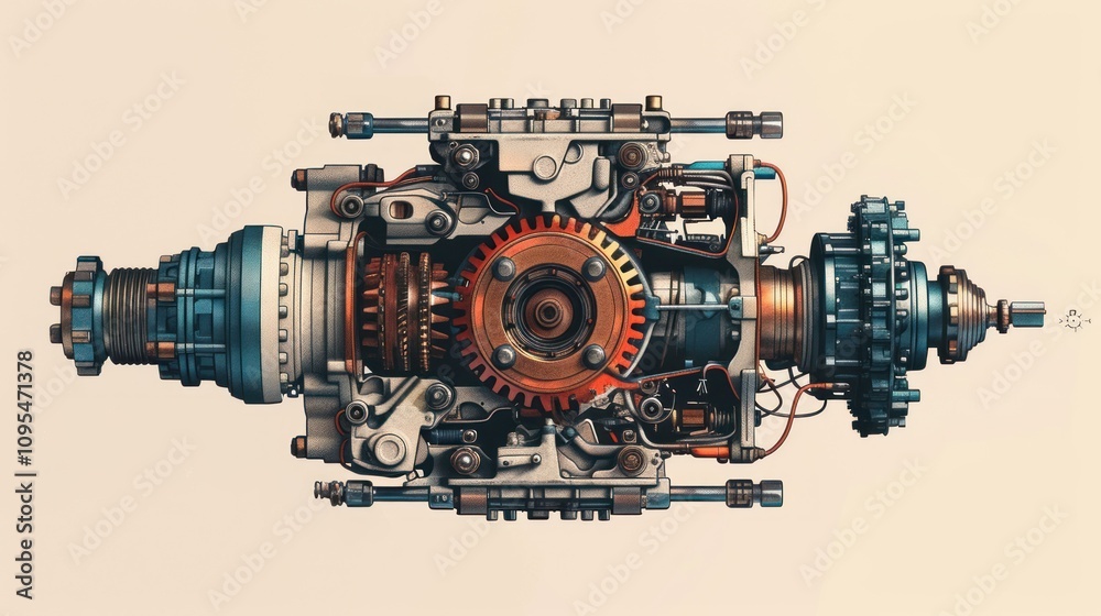 Detailed cutaway illustration of a complex aircraft engine, showcasing internal gears and mechanisms. Detailed cutaway illustration of a complex aircraft engine, showcasing internal gears and mechanisms.