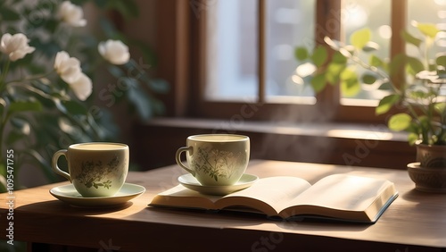 "A warm, inviting scene featuring a cup of herbal tea on a sunlit wooden table. Steam gently rises from the cup, which is made of delicate white ceramic with intricate floral patterns in pastel colors