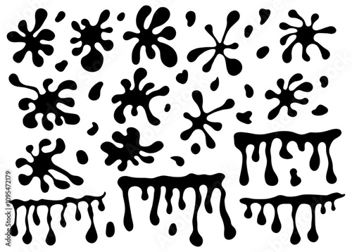 Silhouette collection of splash, slime, goo, splatter, spray, stain, drops dots. Vector illustration