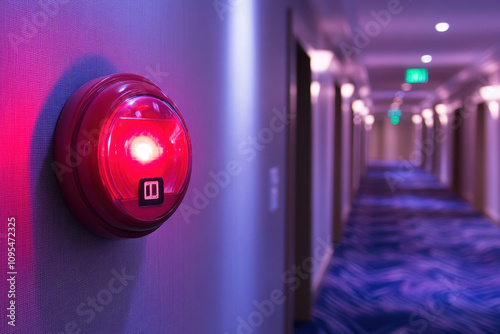 Fire alarm. A red fire alarm bell glows in a hotel corridor, illuminating the nearby walls and floor, indicating a safety alert in a quiet, modern environment.