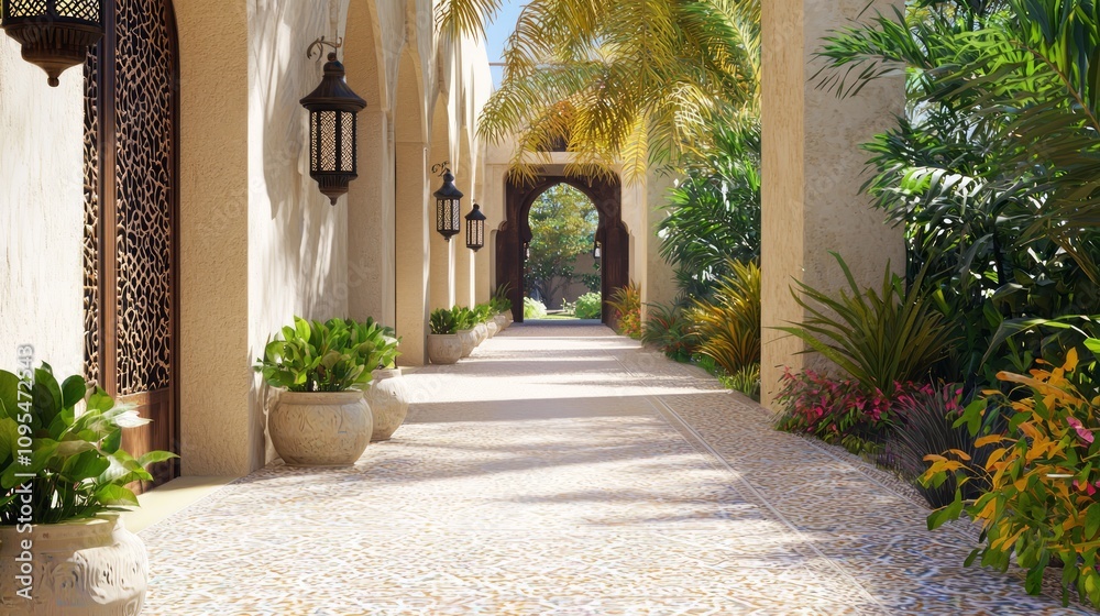 Fototapeta premium Luxurious Arabian Nights: Exquisite Outdoor Pathway in Vibrant Islamic Interior Design 3D Render