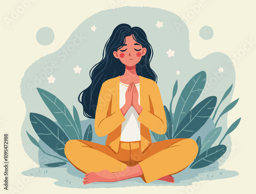 illustration of a woman in a meditative pose surrounded by leaves and flowers, with a sun in the background. for mental health