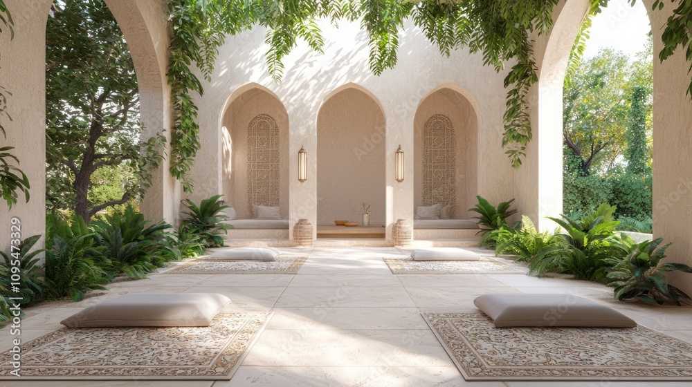 Tranquil Oasis: Modern Arabian Islamic Interior Design 3D Render of Peaceful Outdoor Yoga Space with Lush Greenery and Serene Elements