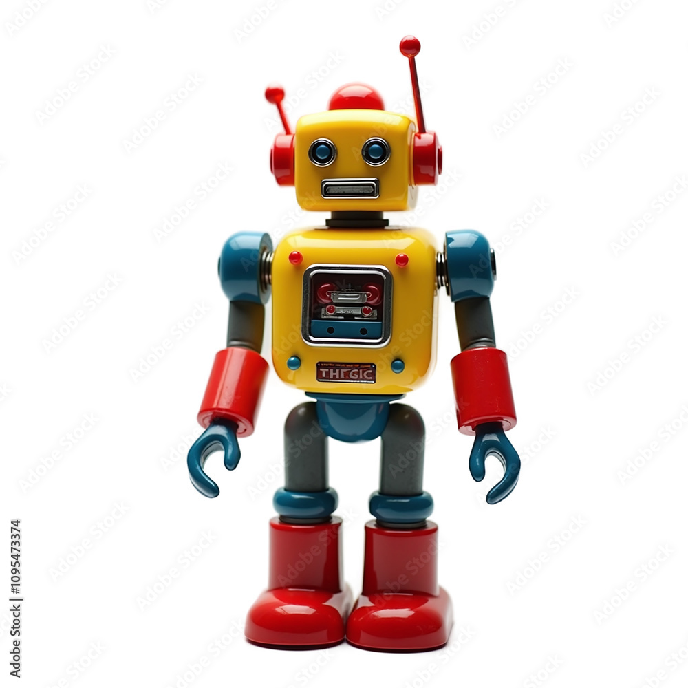 An old retro toy robot, with bright colors and a wind-up key, stands proudly, evoking nostalgia and joy An old retro toy robot, with bright colors and a wind-up key, stands proudly, evoking nostalgia and joy
