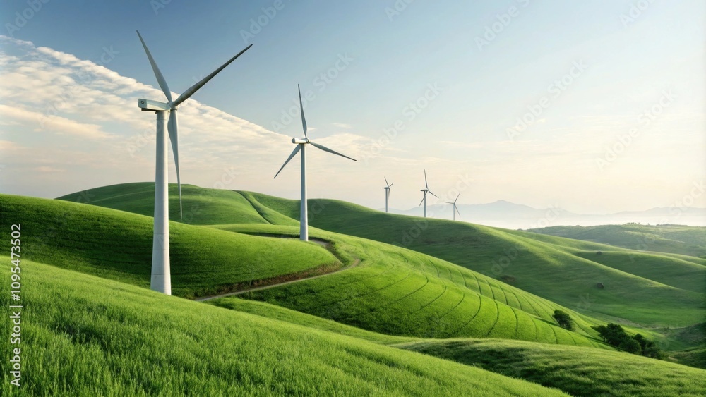 Energy generators standing majestically on rolling hills. Energy generators standing majestically on rolling hills.