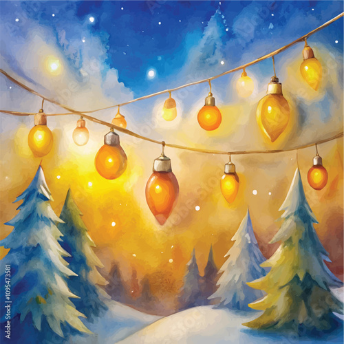 Golden holiday lights brighten a peaceful snowy forest scene