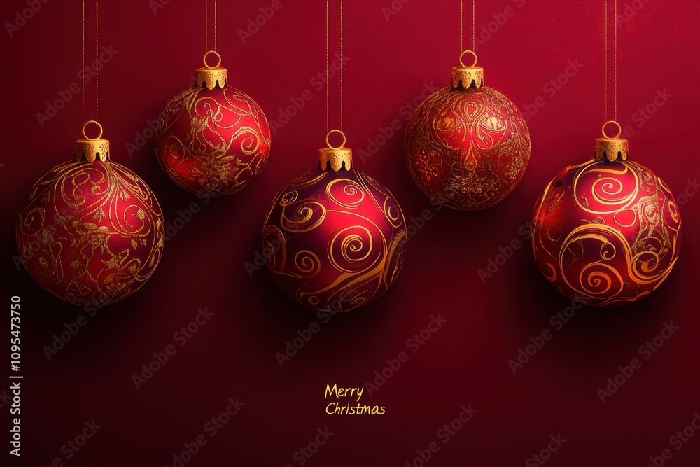 Golden Christmas balls with swirls and patterns on a dark red background, text Golden Christmas balls with swirls and patterns on a dark red background, text