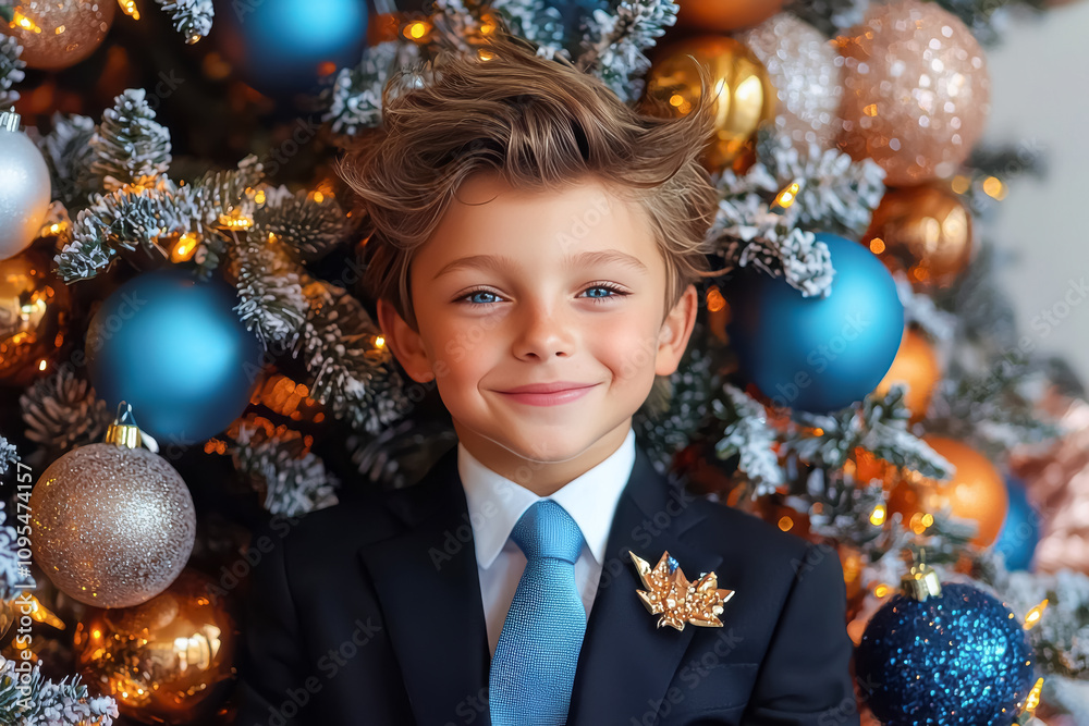 Young boy in formal black suit posing by a festive tree. A light-skinned boy with styled brown hair and a blue tie, smiling near Christmas decorations.
Young boy in formal black suit posing by a festive tree. A light-skinned boy with styled brown hair and a blue tie, smiling near Christmas decorations.