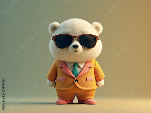 Funny 3d vintage style cartoon illustration of a polar bear businessman wearing suit and sunglasses