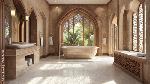 Luxurious Arabian-Inspired Master Bathroom Retreat with Soaking Tub | 3D Render of Elegant Islamic Interior Design