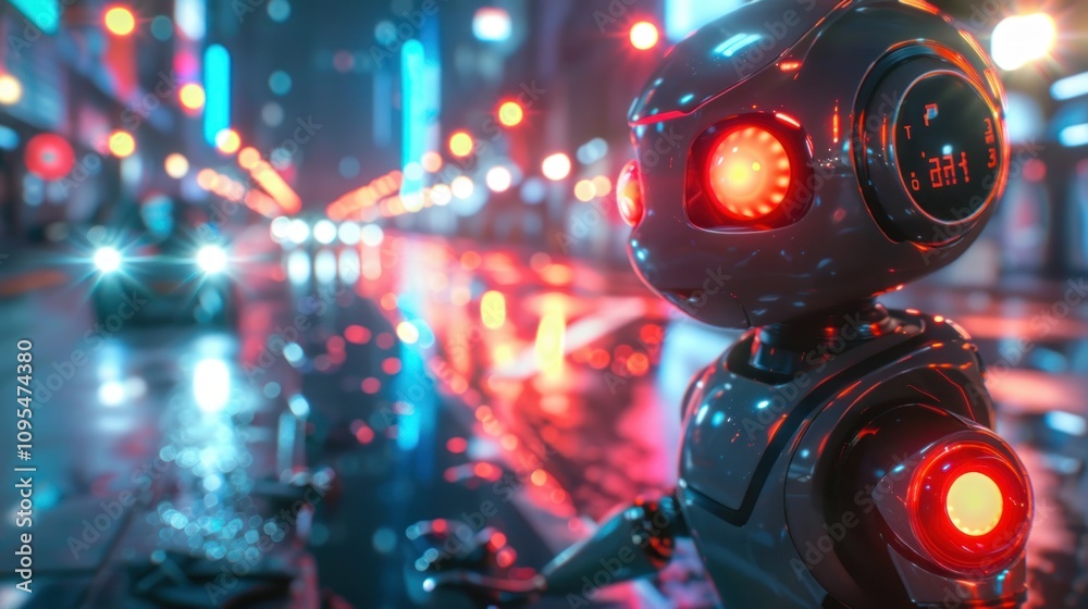 Futuristic robot on a city street at night. Futuristic robot on a city street at night.