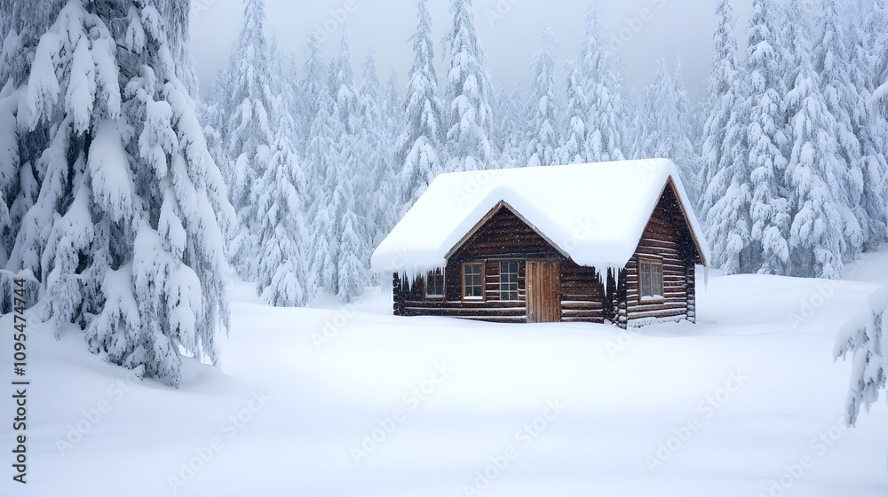 A cozy wooden cabin hidden under a thick layer of snow A cozy wooden cabin hidden under a thick layer of snow