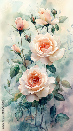 Watercolor Illustration of Soft Pink Roses with Delicate Leaves in an Elegant Floral Composition