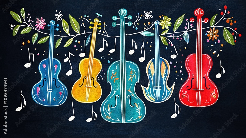 Naklejka premium A painting of four vibrant violins hung on a string, surrounded by music notes and blooming flowers against a dark backdrop